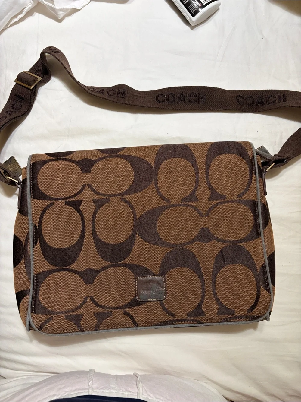 Vintage Coach Brown Signature Canvas Messenger Bag with Dark Brown Strap